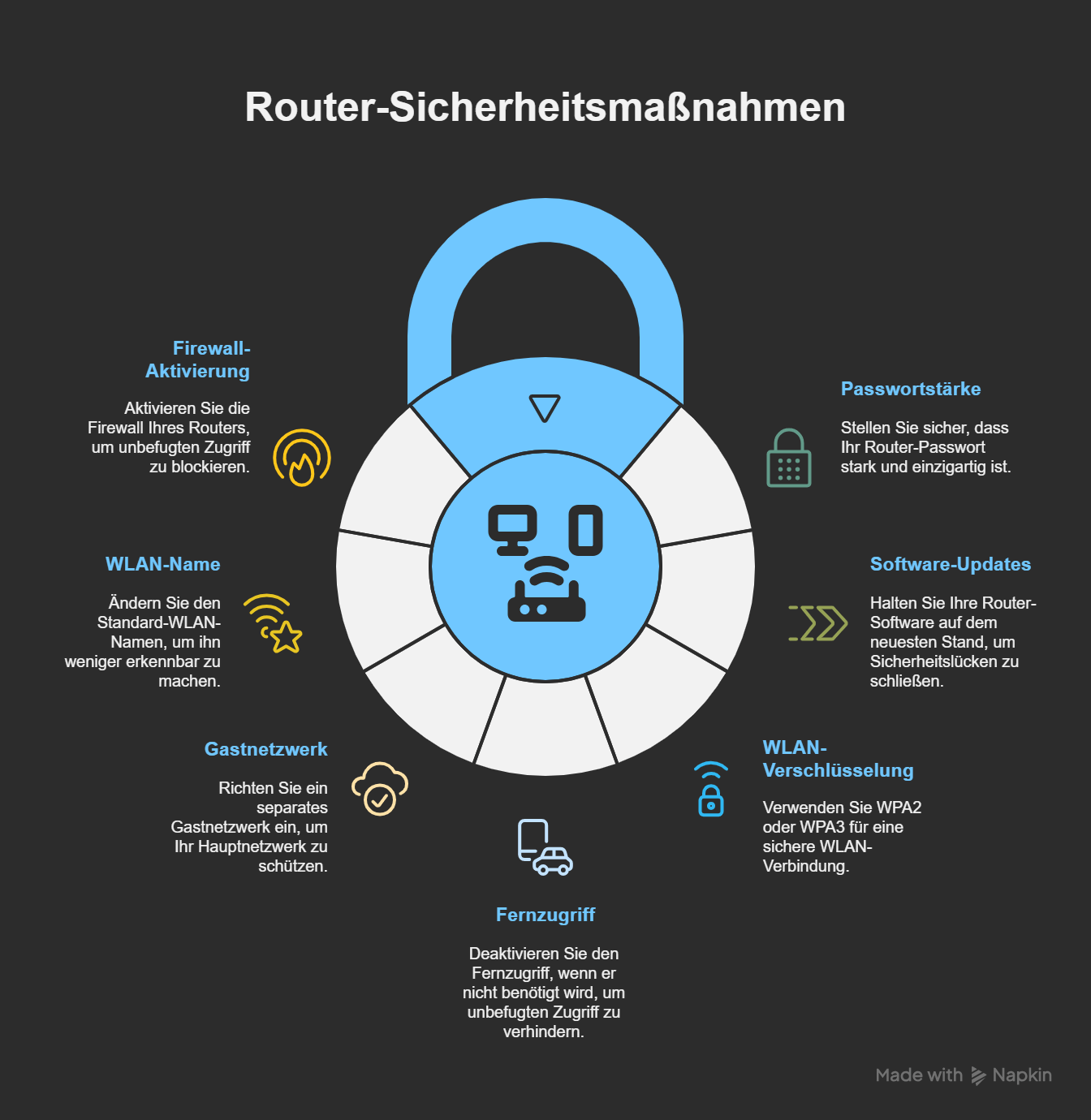 Infografik mit dem Titel ‚Router-Sicherheitsmaßnahmen‘ zeigt ein stilisiertes Vorhängeschloss als Symbol für Schutz des Heimnetzwerks. In der Mitte befindet sich ein Router-Symbol mit WLAN-Wellen. Rundherum sind sieben zentrale Sicherheitstipps für Router angeordnet: Firewall-Aktivierung – Aktivieren Sie die Firewall Ihres Routers, um unbefugten Zugriff zu blockieren. WLAN-Name – Ändern Sie den Standard-WLAN-Namen, um Ihr Netzwerk weniger erkennbar zu machen. Gastnetzwerk – Richten Sie ein separates Gastnetzwerk ein, um Ihr Hauptnetz zu schützen. Fernzugriff – Deaktivieren Sie den Fernzugriff, wenn er nicht benötigt wird, um Angriffe zu verhindern. Passwortstärke – Verwenden Sie ein starkes, einzigartiges Passwort für den Router-Zugang. Software-Updates – Halten Sie die Router-Firmware stets aktuell, um Sicherheitslücken zu schließen. WLAN-Verschlüsselung – Nutzen Sie WPA2 oder WPA3 für eine sichere WLAN-Verbindung. Die Grafik verwendet Symbole wie ein Schloss, WLAN-Zeichen, Feuerwand, Schloss-Symbol und Geräte-Icons auf dunklem Hintergrund mit hellblauen, weißen und gelben Akzenten. Sie verdeutlicht, wie Nutzer ihren Router effektiv absichern können, um Cyberangriffe und unbefugte Zugriffe zu verhindern.“