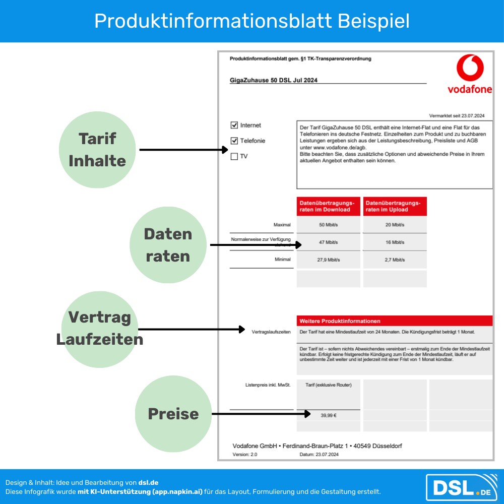 Beispiel eines Produktinformationsblatts für den Vodafone-Tarif GigaZuhause 50 DSL mit Markierungen und Erklärungen zu Tarifinhalten (Internet, Telefonie, TV), Datenraten (Download und Upload), Vertragslaufzeiten (Mindestlaufzeit 24 Monate) und Preisen (39,99 € monatlich).
