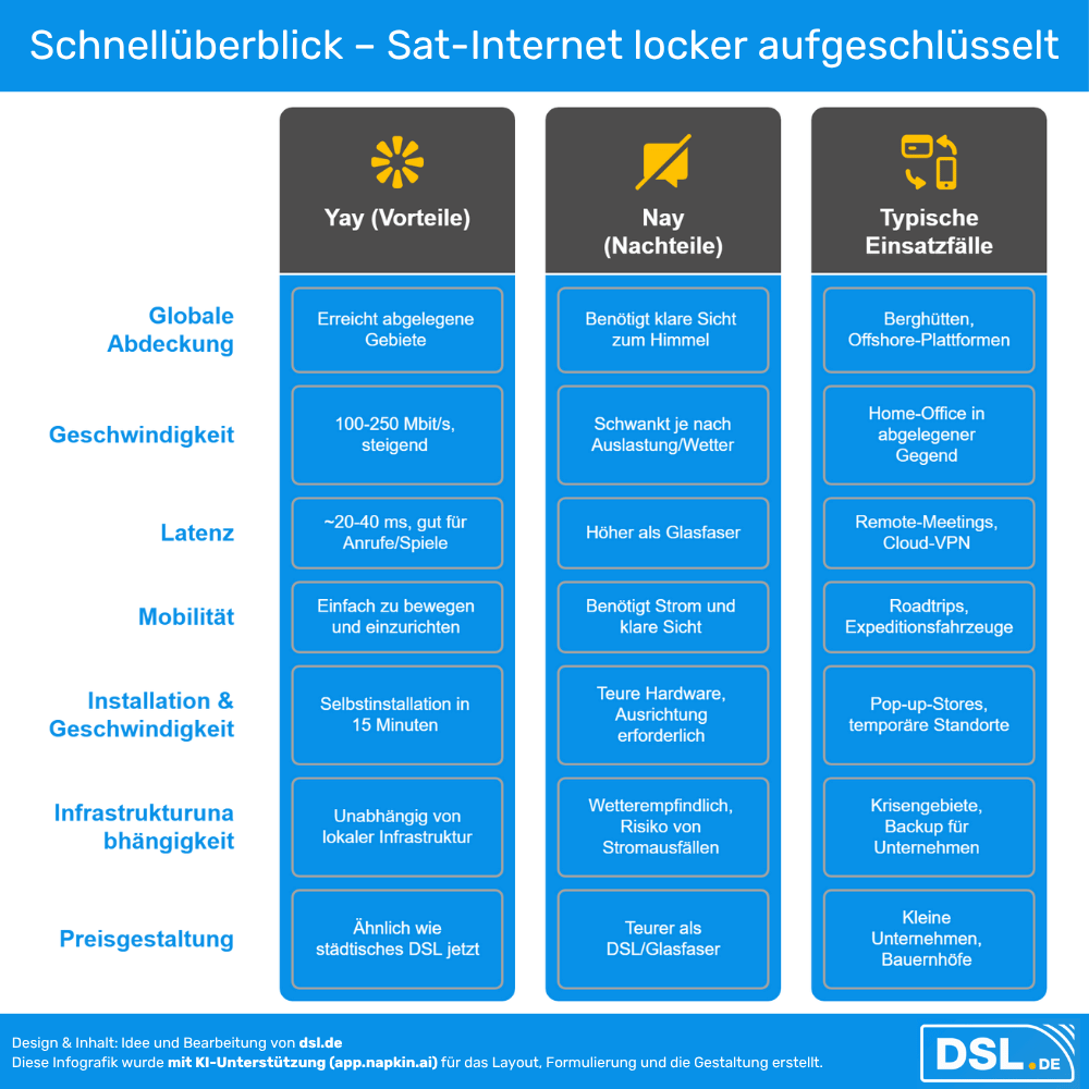 Schnellüberblick Sat-Internet locker aufgeschlüsselt Infografik mit einer tabellarischen Übersicht über Vorteile, Nachteile und typische Anwendungsfälle von Satelliten-Internet. Vorteile: hohe Verfügbarkeit in abgelegenen Regionen, gute Geschwindigkeit (100–250 Mbit/s), niedrige Latenz (~20–40 ms), einfache Mobilität und Selbstinstallation, unabhängig von lokaler Infrastruktur. Nachteile: benötigt freie Sicht zum Himmel, wetterabhängig, höhere Latenz als Glasfaser, teure Hardware, Stromabhängigkeit, höhere Kosten. Einsatzbereiche: Berghütten, Offshore-Plattformen, Home-Office im Funkloch, mobile Anwendungen wie Roadtrips, Events, Krisengebiete oder kleine Unternehmen ohne Glasfaseranschluss.